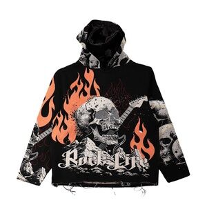"Rock Life" Tapestry Rhinestone Black Hoodie